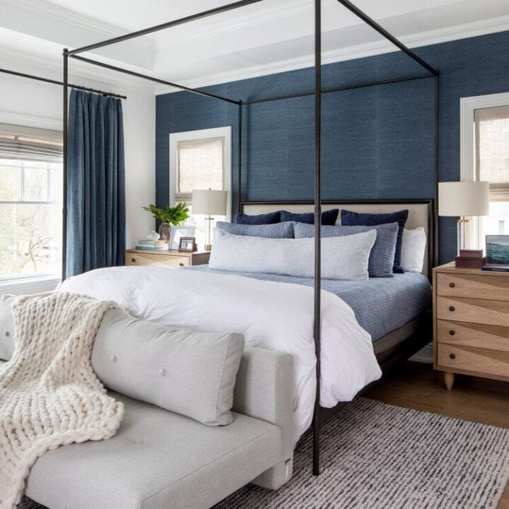 Image for Navy Blue Accent Wall, White Bedding With Knitted Throws