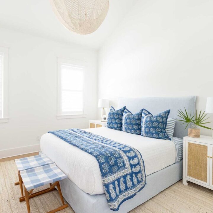 Image for Soft Blue Bed, Gingham Bench, & Paisley-Patterned Bedding