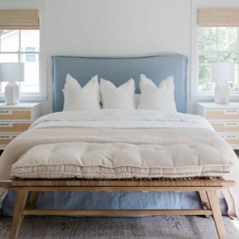Image for Padded Light Blue Headboard, Wood Bench, & Layered Throws