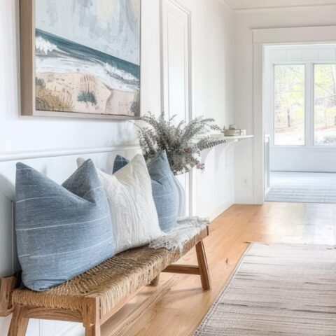Image for Woven Bench With Pillows + Coastal Art Piece