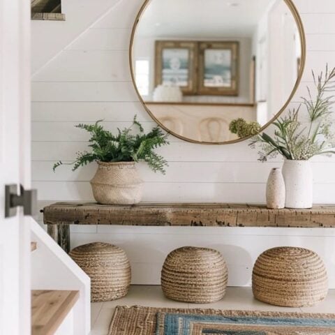 Image for Rustic Wooden Bench, Round Gold Mirror & Woven Poufs