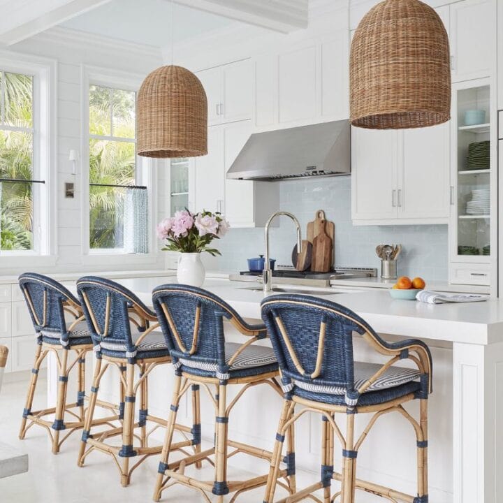 Image for Woven Pendant Lights & Blue Wicker Barstools