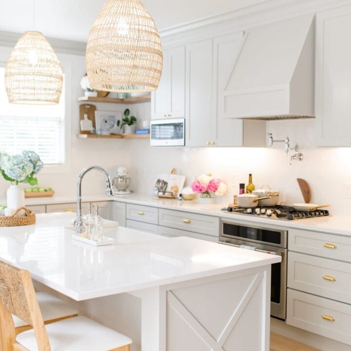 Image for Woven Pendant Lights & Soft Gray Cabinets 