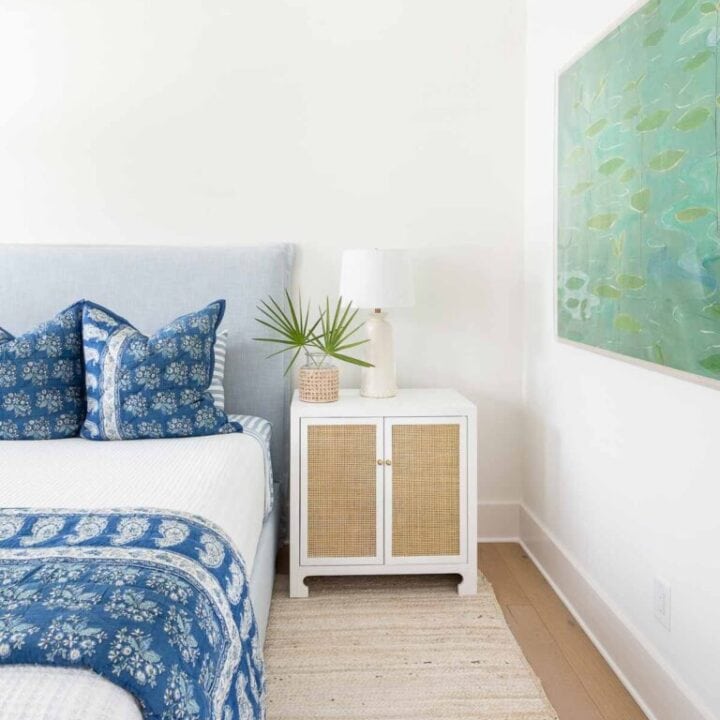 Image for Floral Blue Pillows & Quilt + Textured Nightstand