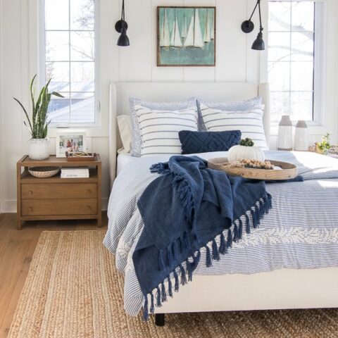 Image for Stripes, Shades Of Blue, & Warm Wood + Fluffy Blue Blanket