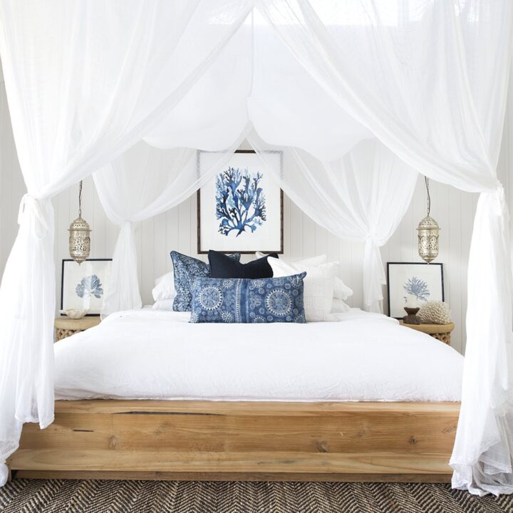 Image for Dreamy Canopy With Soft, Flowing White Curtains + Blue Coral Pillows 