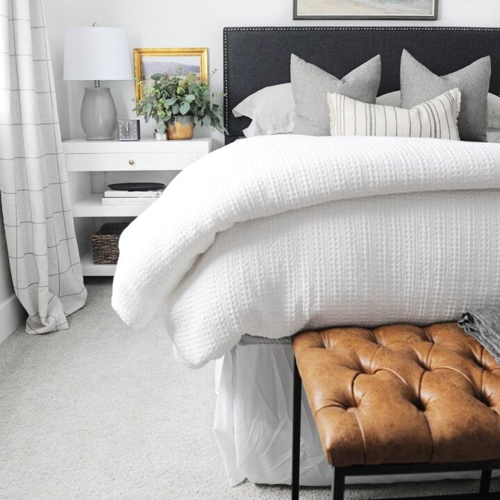 Image for Plush Bedding & Leather Bench + Small Plant Or Frame