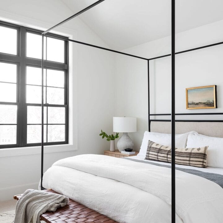 Image for Canopy Bed, White Linens, & Leather Bench