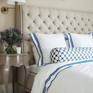 Image for White Bedding With Blue Trim + Decorative Bolster Pillow