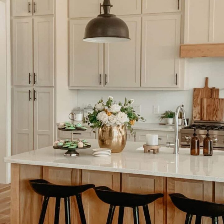 Image for Black Pendant Light, Modern Black Stools + Warm Beige Cabinets