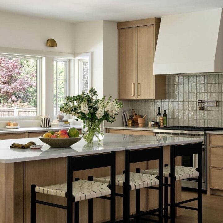 Image for Chic Black Bar Stools + Light Wood Cabinets & White Countertops