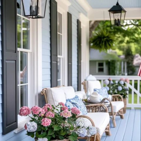 Image for White, Pink & Blue Hydrangeas + White Chairs With Blue Pillows