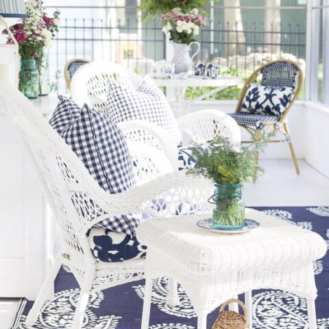 Image for White Wicker Porch + Blue Plaid & Patterned Pillows