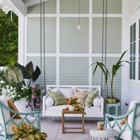 Image for White Swing Sofa, Blue Chairs + Patterned Pillows