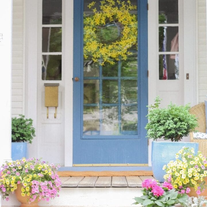 Image for Blue Door With Yellow Wreath + Colorful Potted Flowers