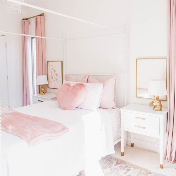 Image for White Canopy Bed, Pink Curtains & Pillows