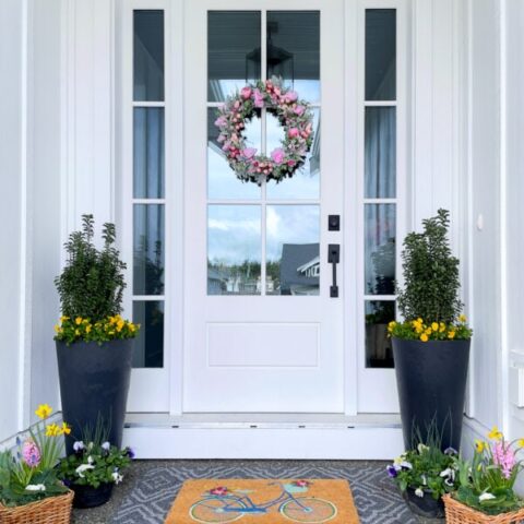 Image for Pink Floral Wreath, Sleek Black Planters & Cute Bicycle Doormat