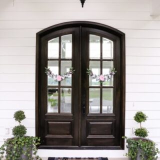 Image for Dark Double Doors + Soft Flower Wreaths