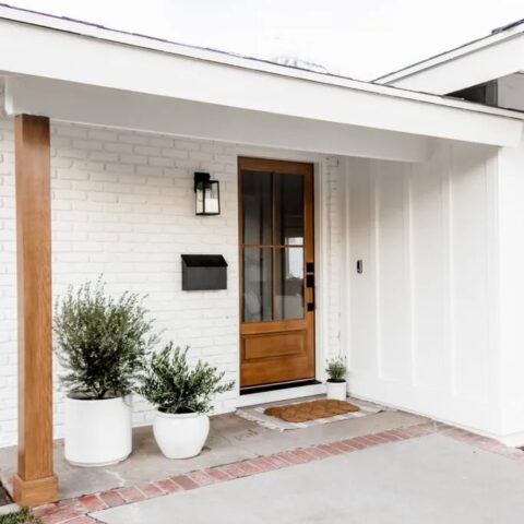 Image for White Brick With Warm Door + Simple Potted Plants