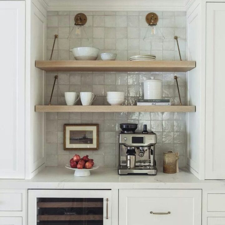 Image for Light Wood Shelves With Brass Rods + Classic White Dishware