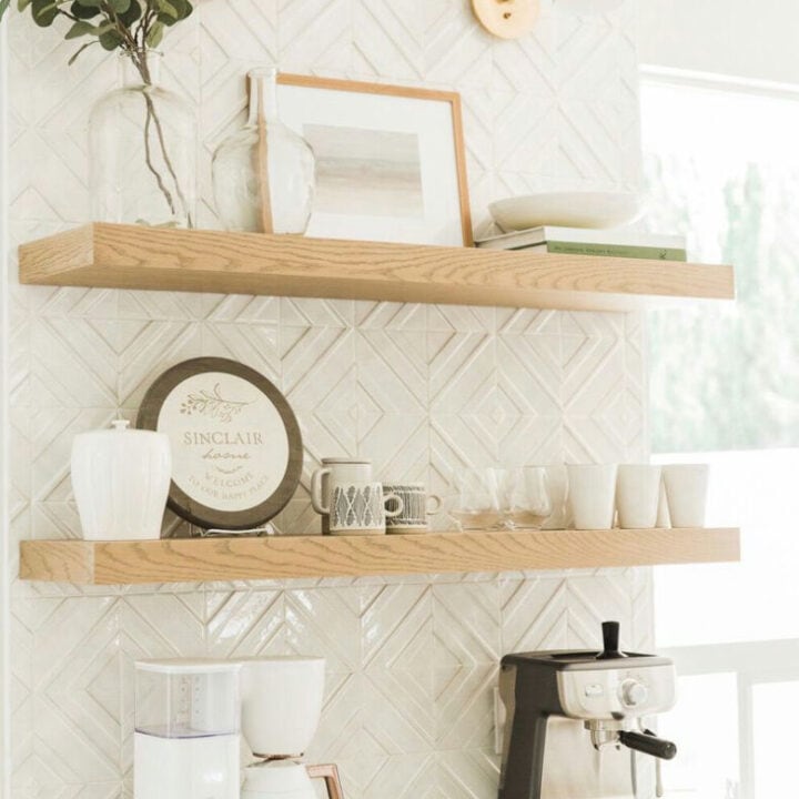 Image for Glossy Backsplash & Pale Wood Shelves