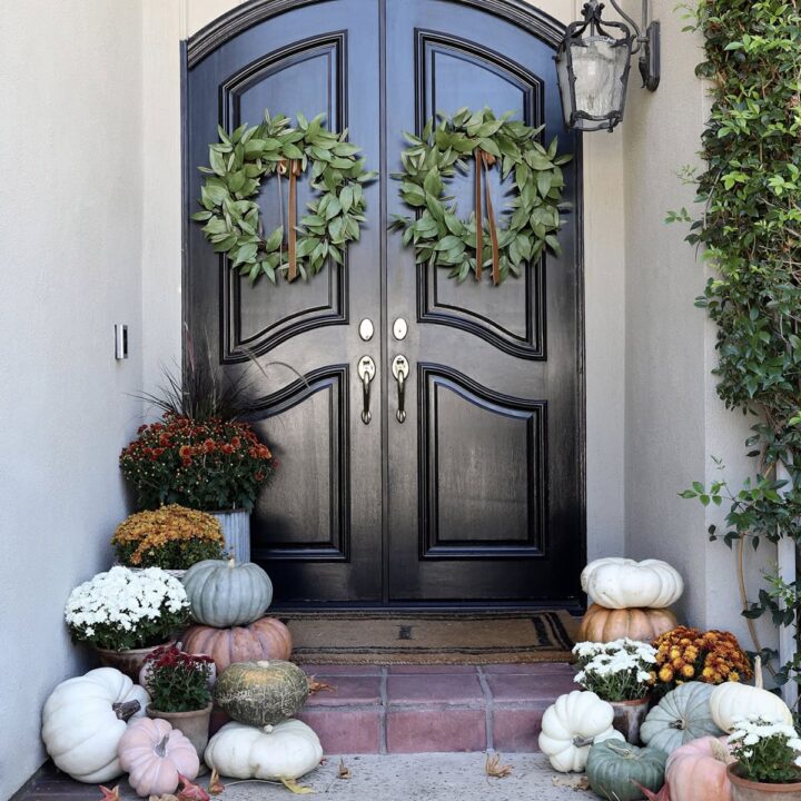 Image for Classic Black Door & Greenery Wreath + Mix of Pumpkins