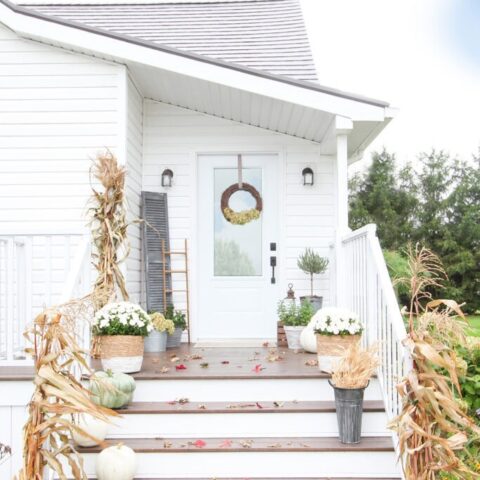 Image for White Porch With Green Pumpkins, White Mums, & Dried Cornstalks