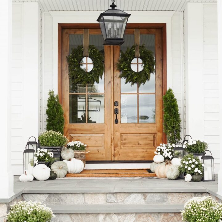 Image for White Mums & Soft Gray Pumpkins + Lush Topiaries & Wreaths