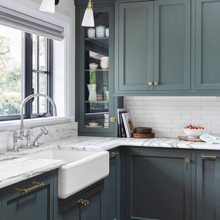 Image for White Walls + Blue-Green Cabinets With Brass Hardware