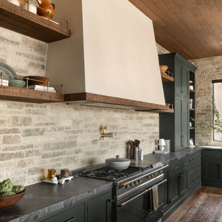 Image for Brick Walls & Deep Forest Cabinets + Wood Shelves