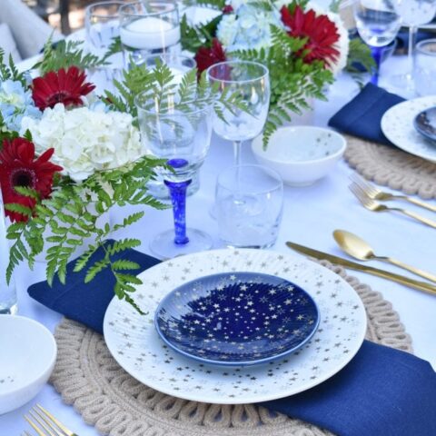 Image for Blue and White Patriotic Tablescape With Red and Gold Accents