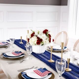 Image for White Plates, Blue Runner & Red and White Floral Centerpiece