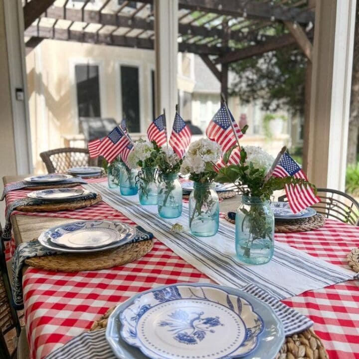Image for Red Gingham Tablecloth + Blue Mason Jar & White Hydrangeas