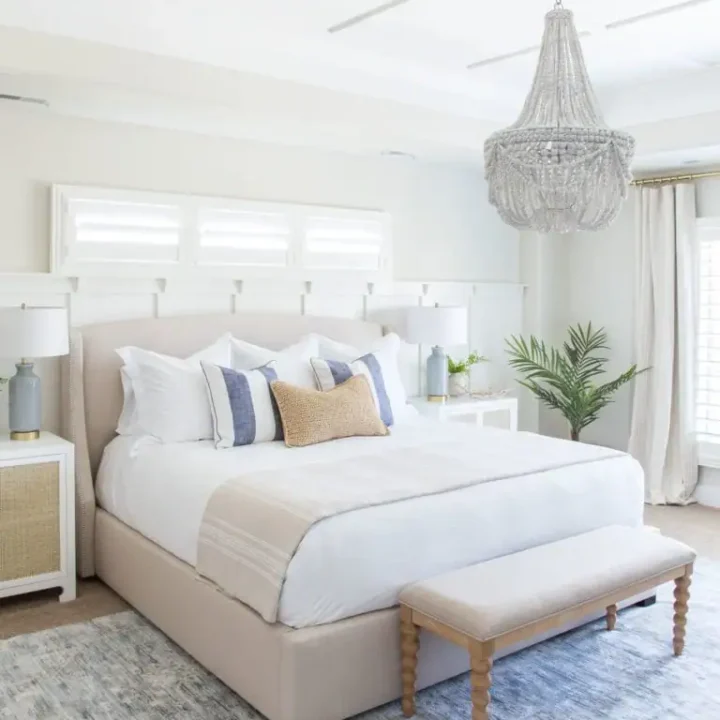 Image for Soft Beige Beddings + Blue Accents & Beaded Chandelier