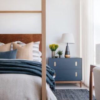 Image for Blue Nightstand & Throw Blanket With Beige Pillows
