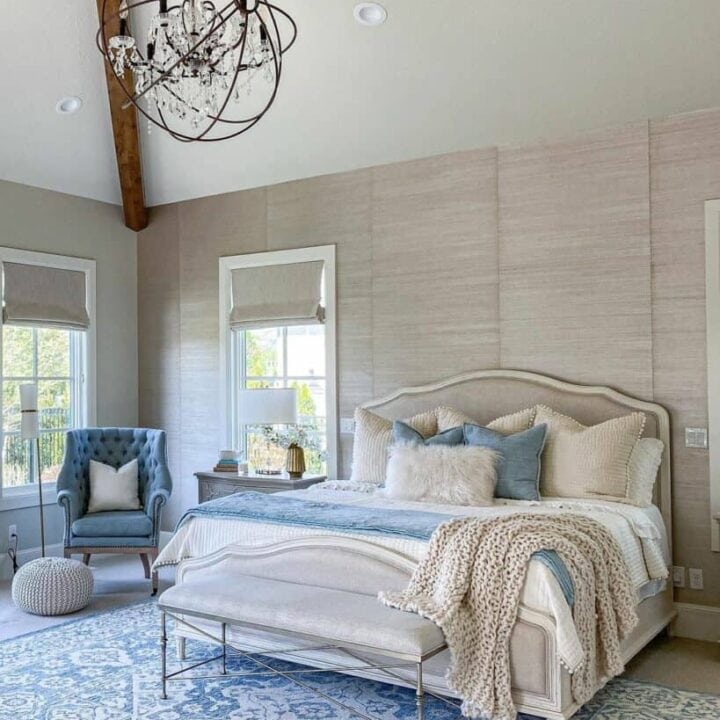 Image for Beige Bed Frame + Blue Pillows, Accent Chair & Patterned Rug