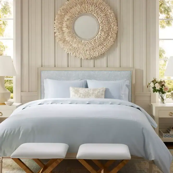 Image for Beige Walls, Light Blue Bedding + Textured Overhead Mirror