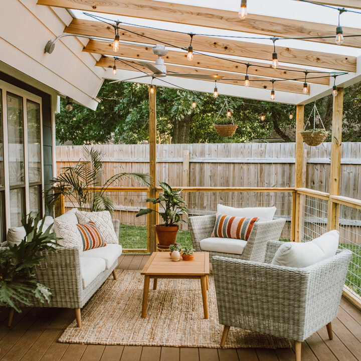 Image for Warm Wood Tones, String Lights & Stylish Wicker Seating