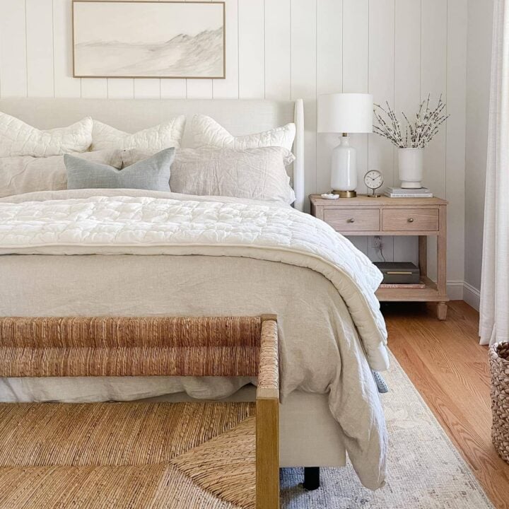 Image for Woven Bench , Soft Pillows And Light Wood Night Stand