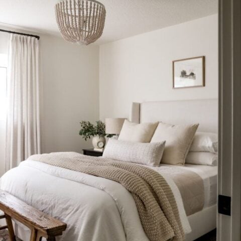 Image for Rustic Bench, Textured Knit Throw and Beaded Light Fixture