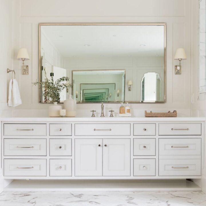 Image for White Vanity + Large Mirror & Marble Floors