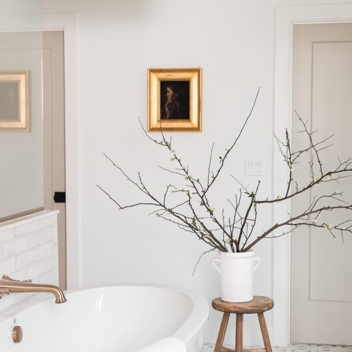 Image for White Walls, Pattered Floor + Rustic Stool & Vase of Branches