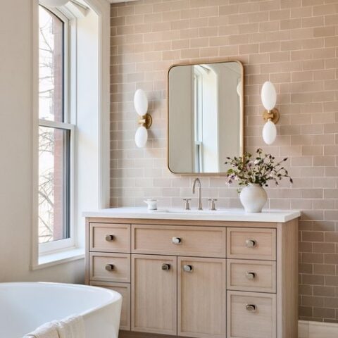 Image for Tan Tiles, Natural Wood Vanity + White Fixtures