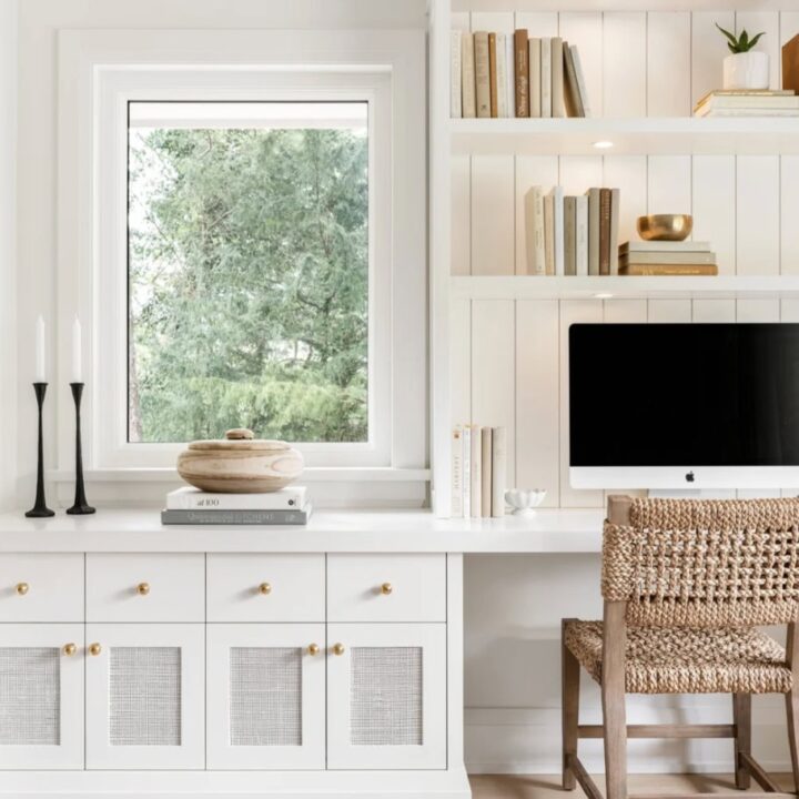 Image for White Cabinets With Open Shelving And Woven Chair