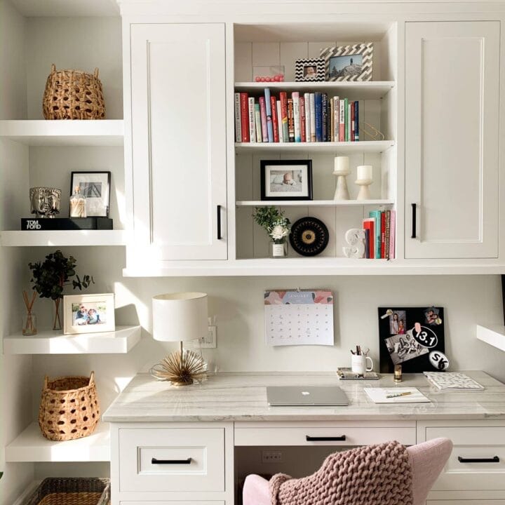 Image for Tall Shelves With Marble Desk and Cozy Pink Chair