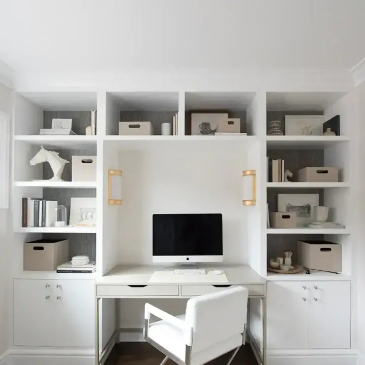 Image for Wide Shelving With White Desk And Storage Bins