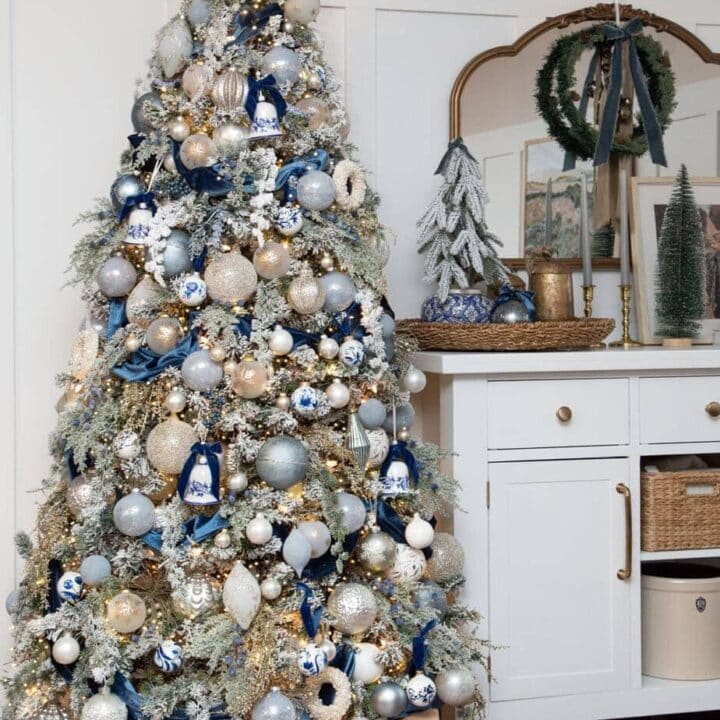 Image for Blue And&nbsp;White Patterened Ornaments And Velvet Bows