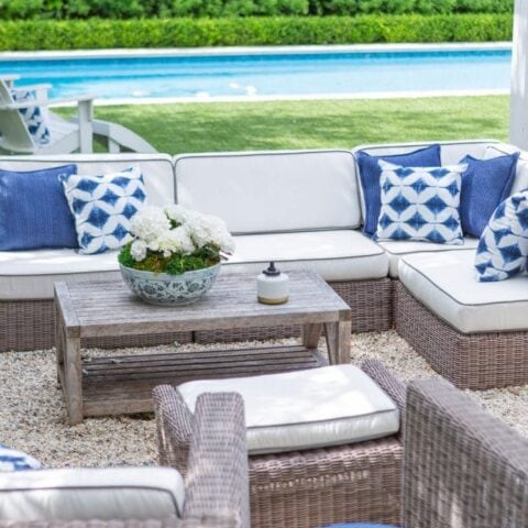 Image for Poolside Seating With Woven Chairs & Blue Pillows
