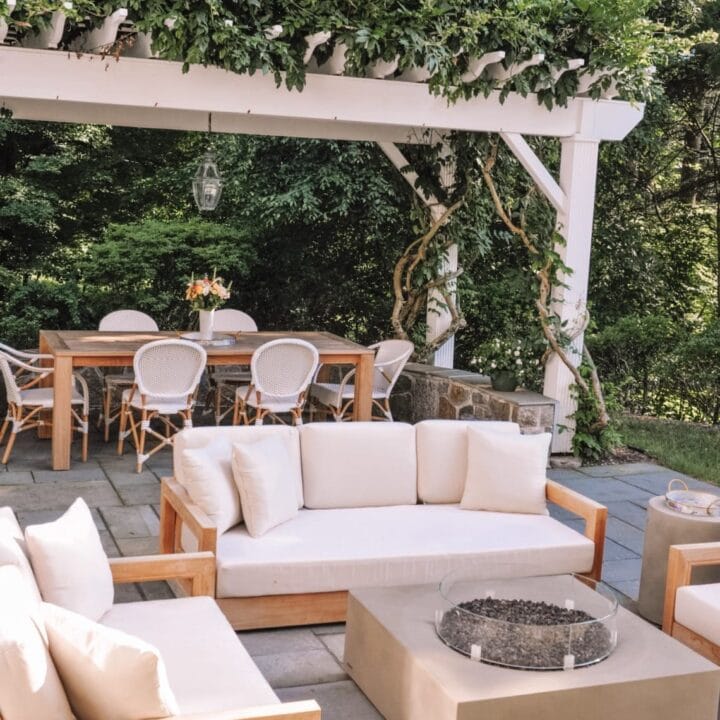 Image for Vine-Covered Pergola + Cream Sofas & Fire Table