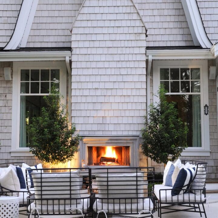 Image for Outdoor Fireplace, Cozy Seating + Tall Greenery